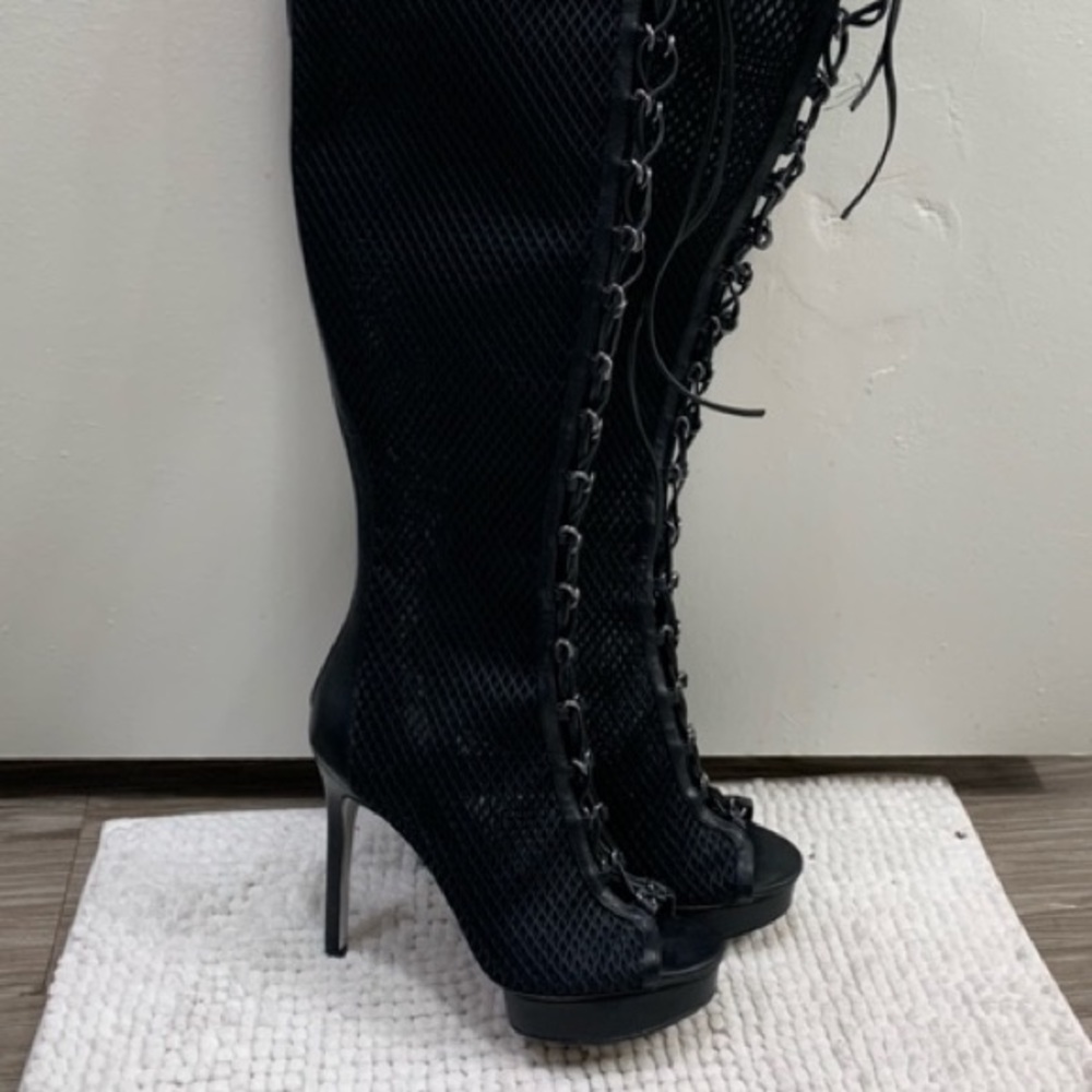 High knee Jlo Boots peep toe, mesh black